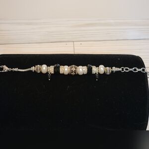 H17 Black, Faux Pearls, & Rhinestone Beaded Bracelet